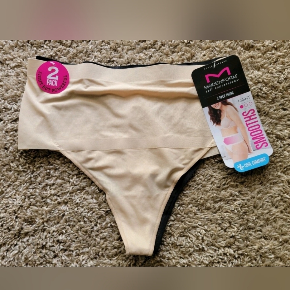 Maidenform Self Expressions Women's 2 Thong Pack Beige Black Size Medium New